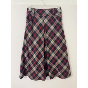 Vintage Womens Plaid Pleated Midi Skirt Large Wool Blend Knee Length School Prep